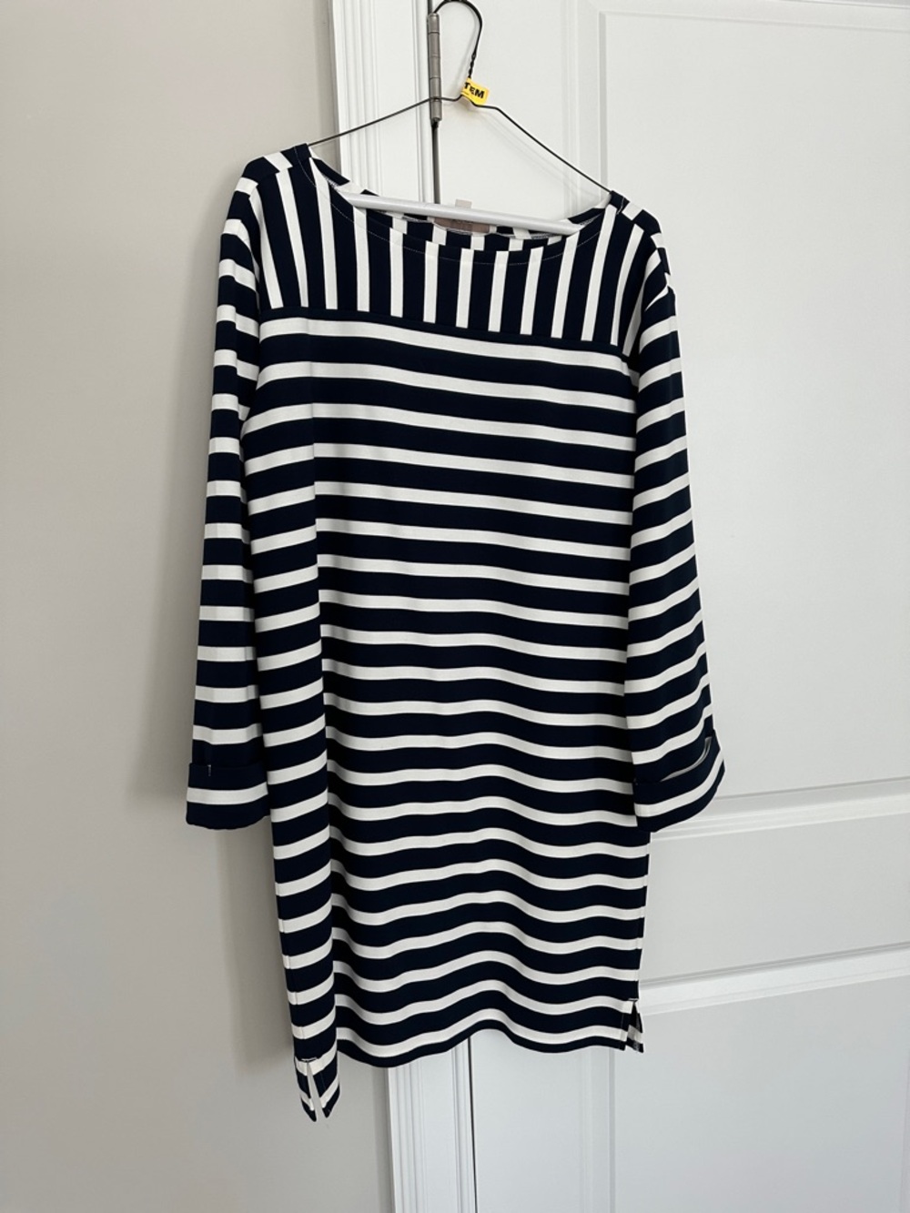 LOFT Navy and White Striped Long-Sleeve Shift Dress
